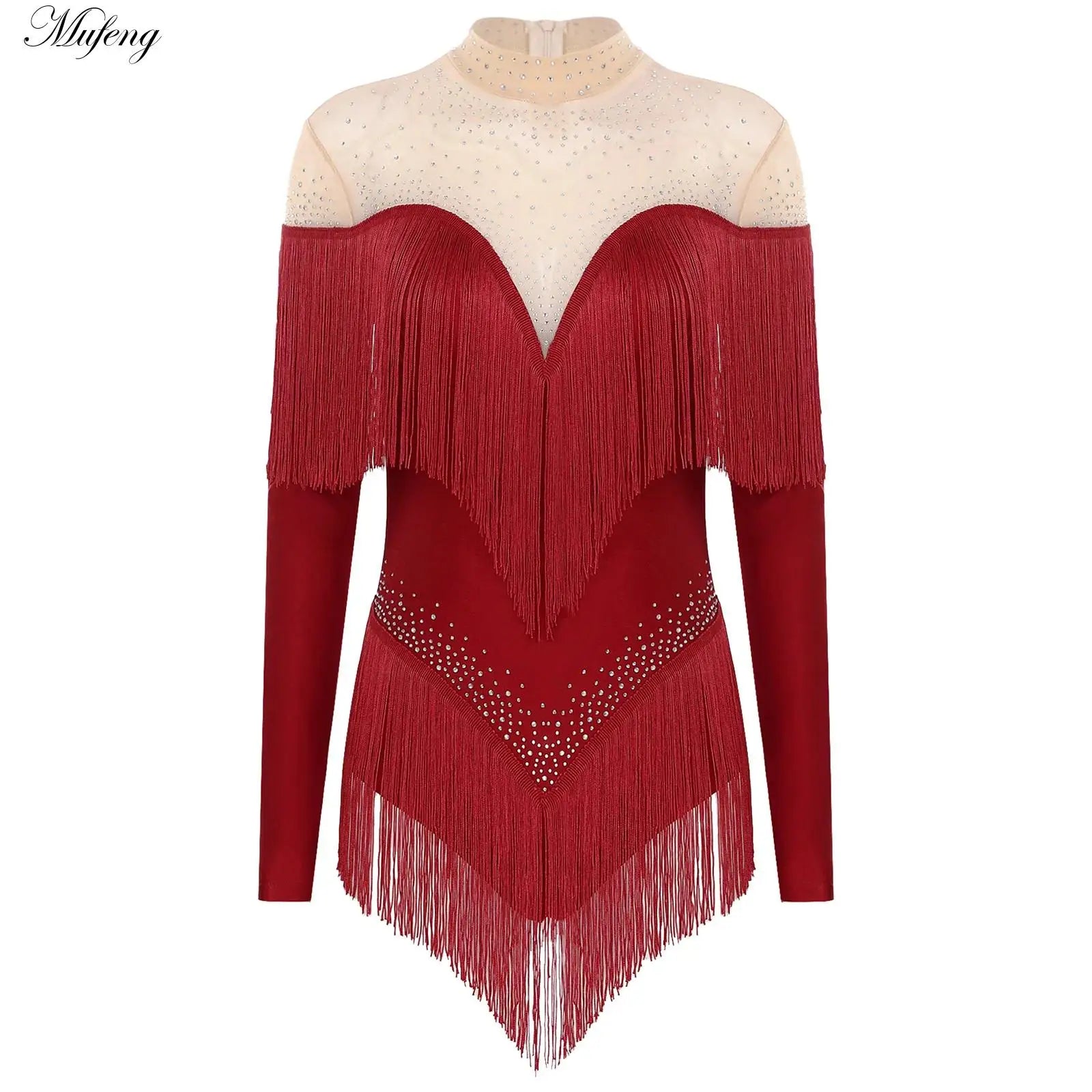 Rhinestone Tassel Leotard Dress for Women's Latin Jazz Dance Performance Clothes Ballroom Fringed Jazz Samba Tango Dresses